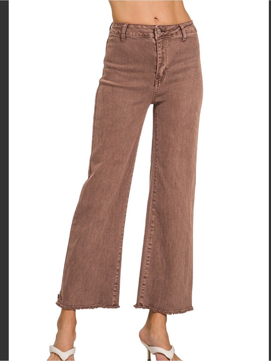 Zenana Outfitters Pants - Zenana Acid wash frayed raw hem wide leg jean- Mahogany sz L